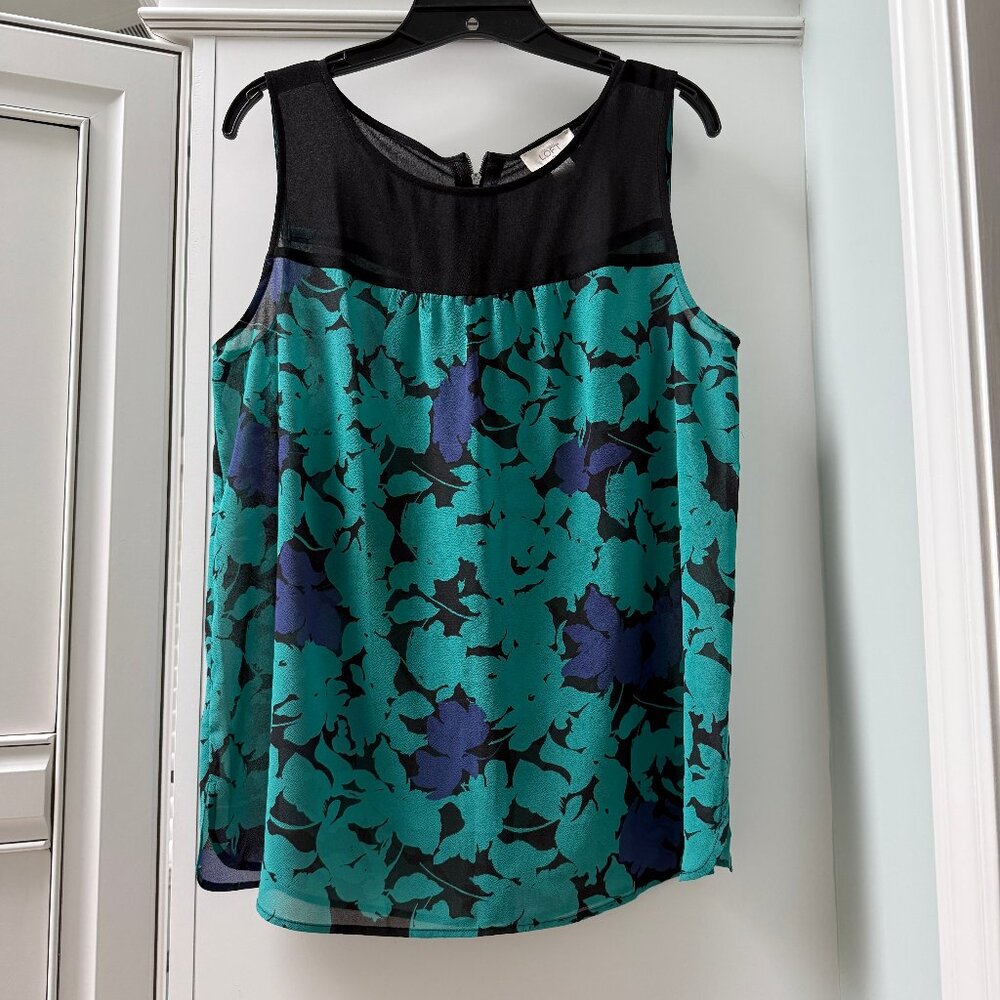 LOFT Sleeveless Sheer Panel Yoke Top Floral Blouse, Size M, Teal/Black/Purple